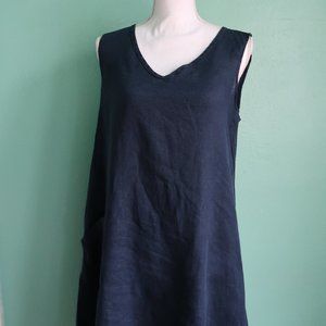 Flax Dark Blue V Neck Lightweight Linen Tank Dress with Pocket